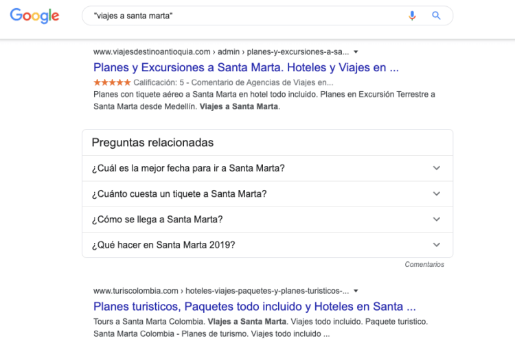 Captura de pantalla mostrando las Preguntas Relacionadas en una SERP de Google